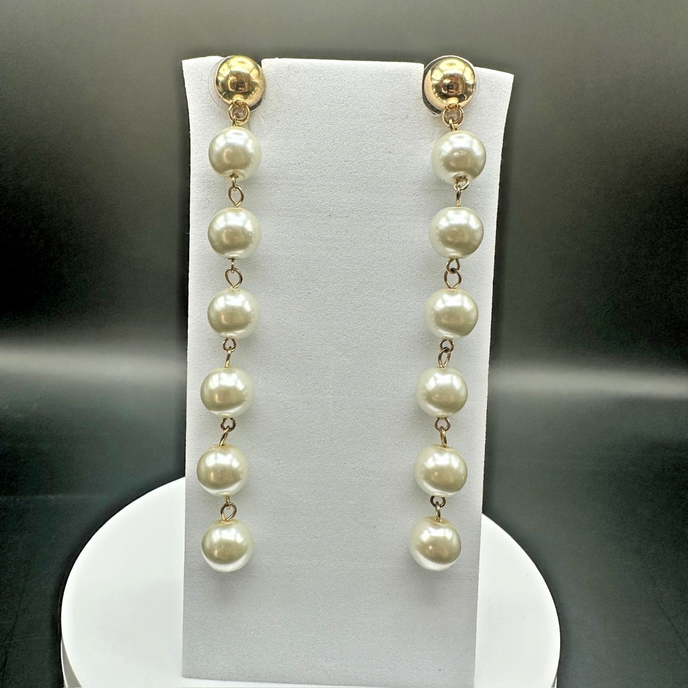 VTG Long Chain Faux Pearl Drop Stud Earrings Gold Tone Women's Jewelery